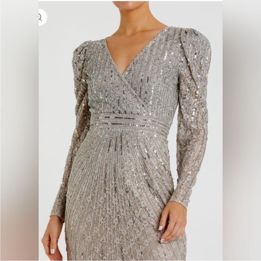 New | Mac Duggal 93676 Mac Gray Beaded Lace Long Sleeve
Midi Dress 4 - Picture 2 of 9